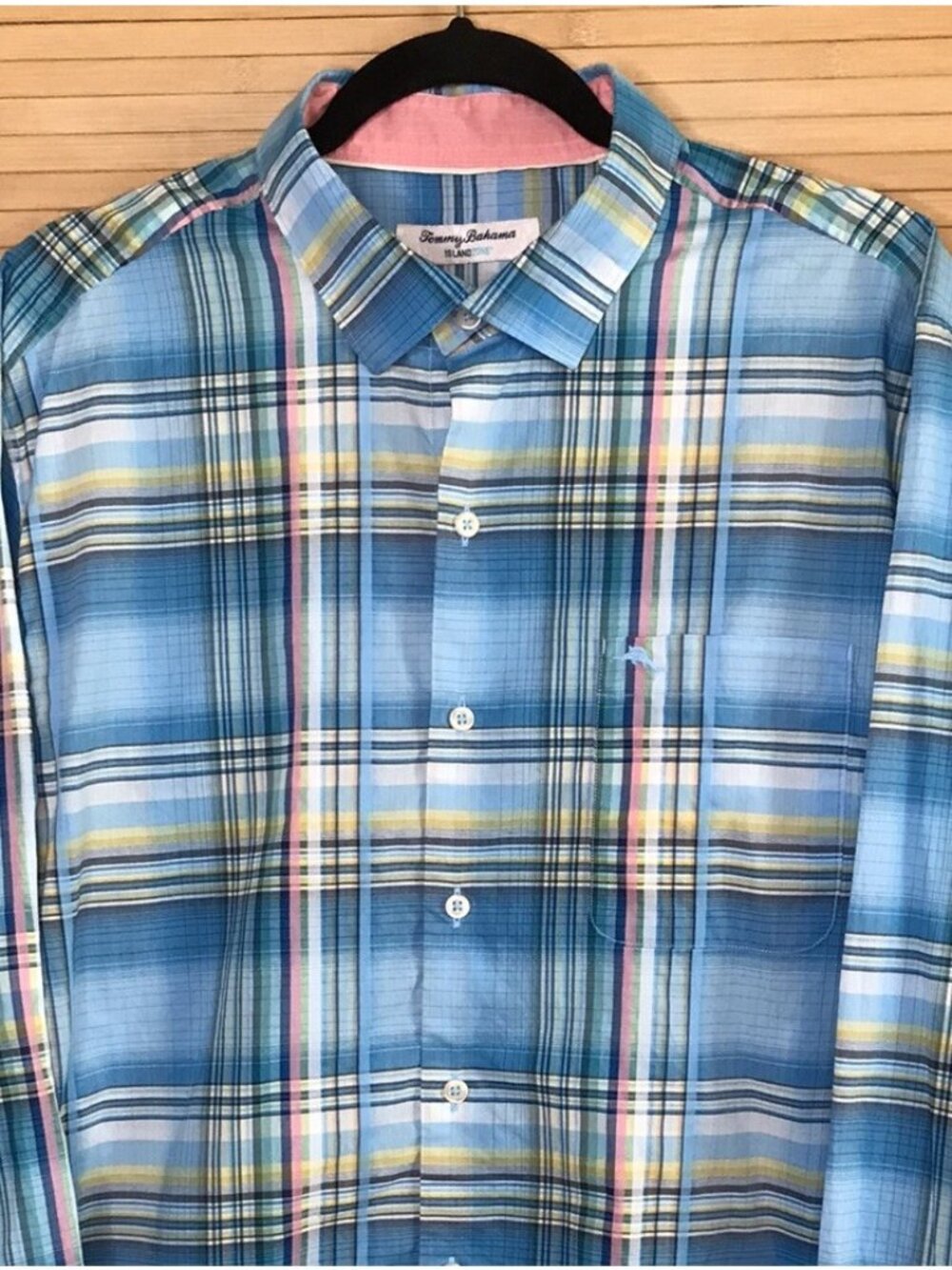 Tommy Bahama Island Zone Shirt L Blue Plaid Flip Cuff Button Up Long Sleeve